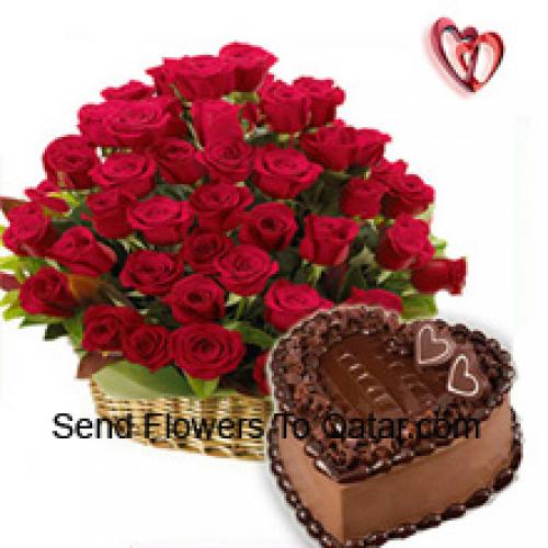 50 Red Roses Basket with 1 Kg Chocolate Cake