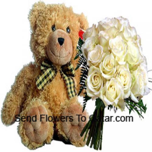 18 Witte Rozen met 14 Inch Teddy