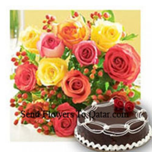 12 Mixed Roses with Yummy Chocolate Cake