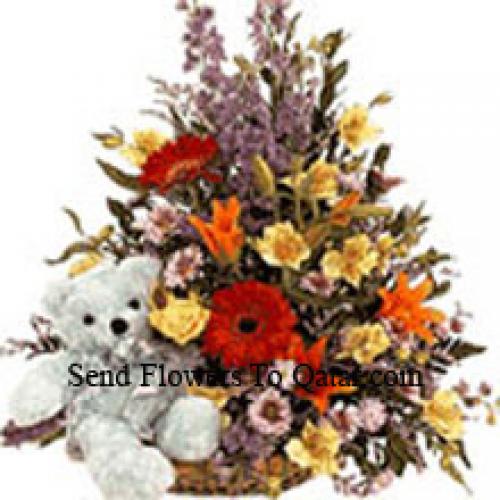 Mixed Flower Basket with Teddy