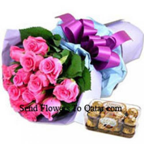 12 Pink Roses mit leckeren 16 Stk. Ferrero Rochers