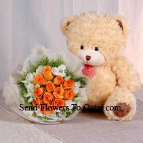 12 Orange Roses with Cute Teddy Bear