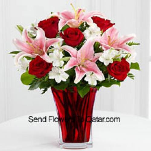 Red Roses with Pink Lilies in Vase