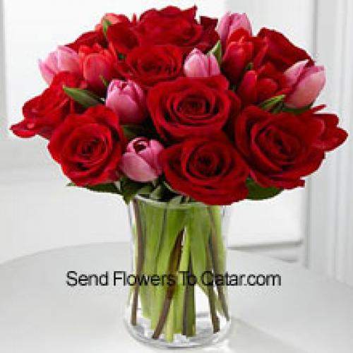 12 Roses and 6 Cute Tulips in Vase