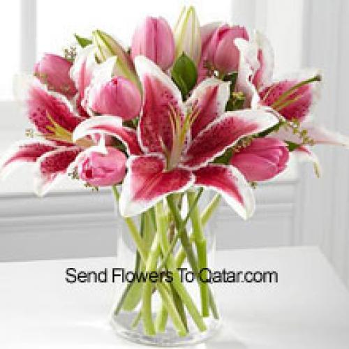 Pink Lilies and Tulips in Vase