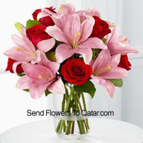 Pink Lilies and Cute Red Roses