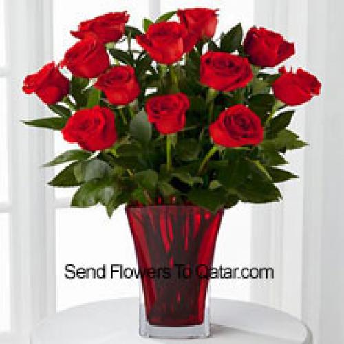 12 Hot Red Roses in Vase