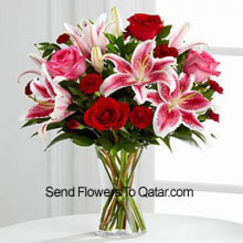 Roses with Pink Lilies in Vase