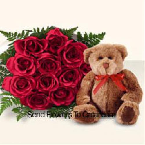 12 Red Roses with Cute Brown Teddy