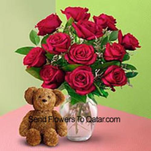 12 Roses in Vase with Teddy